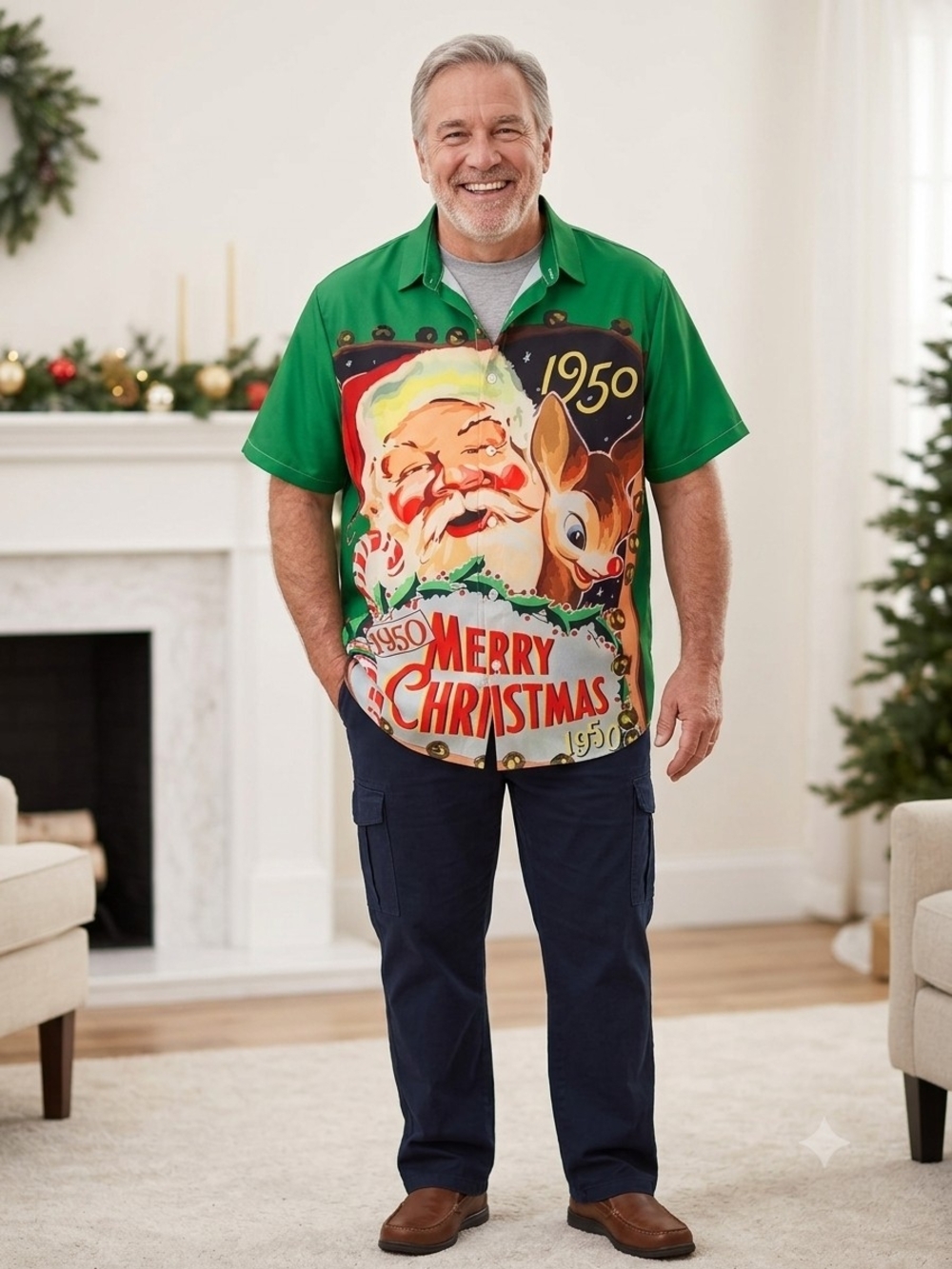 Men's Retro 1950 Santa Reindeer Green Christmas Shirt.  Size 2XL.     MS 30/31